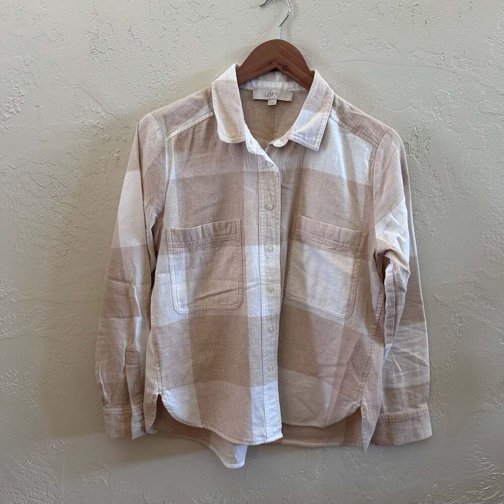 LOFT Tan and White Plaid Flannel Button Down Shirt Size M - Picture 2 of 8
